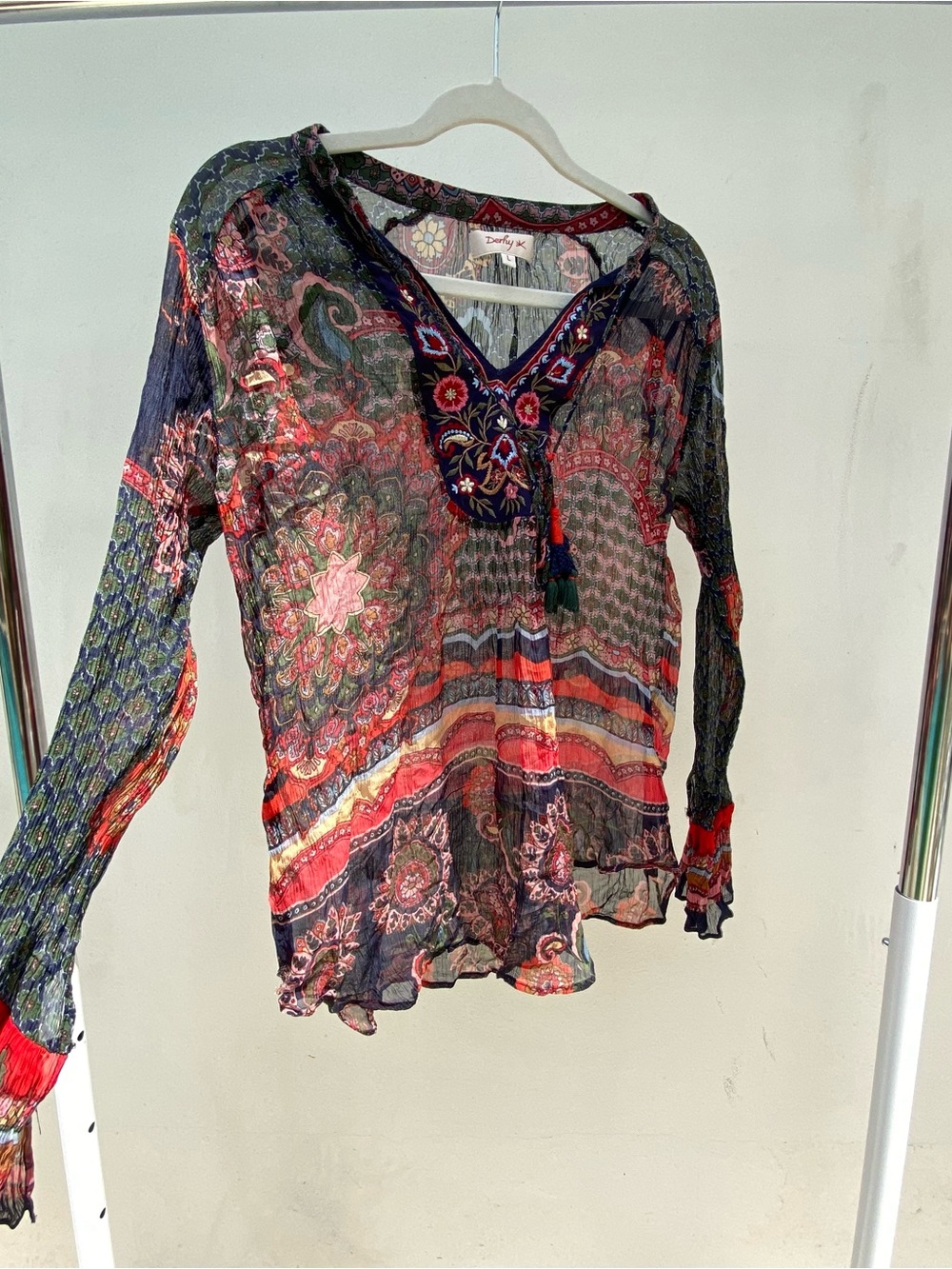 Y2K Euro Derhy 100% Silk Multicolor Boho Fairy Blouse Size Large